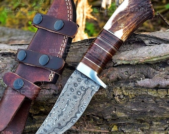 Handcrafted Damascus Steel Hunting Knife | Stag Antler Horn Knife, Sheep Horn Custom Engraved Outdoor Survival Tool | Premium Gift for Men