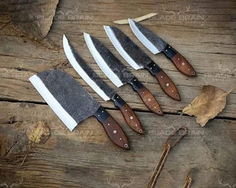 Hand Forged Carbon Steel Chef Knife Set, BBQ Knife Set, Best Gift for Wedding, Birthday, Anniversary, Rosewood Carbon Steel Kitchen Culinary