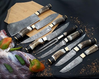 Custom Gift Set of Handmade Damascus Steel Chef Knives – 7pc Deer Antler Handle Set, Stag Antler Knives, Wedding Gift, Anniversary Gift, USA