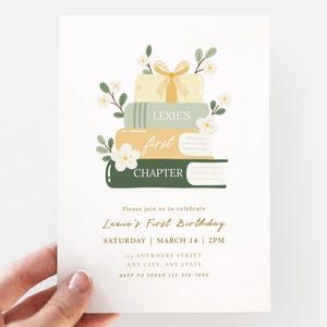 Invitación de cumpleaños editable con temática de libros / Invitación minimalista floral con pila de libros para cualquier edad / Descarga digital