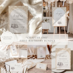 May include: A collection of printable first birthday party decorations in a soft beige colour scheme. The design features elegant script fonts. The bundle includes invitations, welcome signs, thank you cards, and cupcake signs. The text reads "Chapter One" and "Brooke's First Birthday."