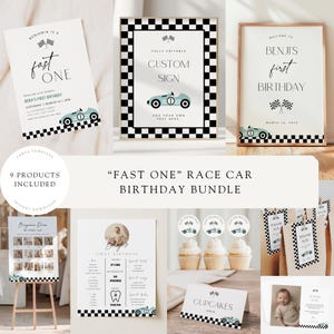 May include: A collection of race car-themed birthday party decorations. Includes invitations, signs, cupcake toppers, and thank you cards. Designs feature a vintage race car in light blue and black and white checkered patterns. The text reads "Fast One" and "Benji's First Birthday".
