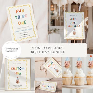 May include: A birthday bundle with invitations, signs, and cupcake toppers. The invitation reads "Fun to be One" in colorful letters. A sign says "Welcome to Noah's First Birthday!" and "Custom Sign". Cupcakes are topped with baby faces.