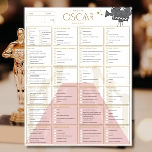May include: A white paper checklist titled "And the Oscar Goes To..." with categories for film nominations. The checklist includes boxes to check for each category, with a gold Oscar statue in the background.