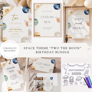 Puede incluir: Un paquete de cumpleaños con temática espacial con invitaciones, letreros y tarjetas de agradecimiento. El diseño presenta planetas, lunas y estrellas en acuarela. Incluye una página para colorear con crayones. El texto dice "Two the Moon" y "Happy Birthday Asher".