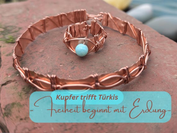 Copper jewelry set with turquoise | GROUNDING AND FREE | Handmade bracelet & ring | Spiritual jewelry gift