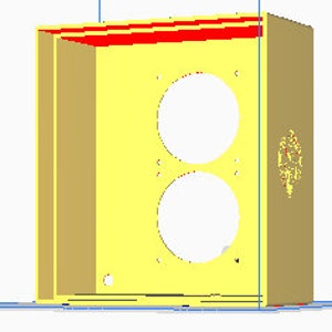 May include: A yellow wooden speaker cabinet with two round speaker holes and a red top.