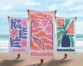 Floral Personalized Beach Towel, Custom Name Towel for Women, Summer Gift for Her, Girl Trip Essentials, Aesthetic Travel Accessories