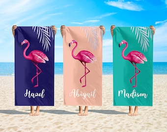 Flamingo Personalized beach towel, Custom Beach Towel, Vacation Gift, Custom Kids Pool Towel, Honeymoon Towel, Custom Name Towel