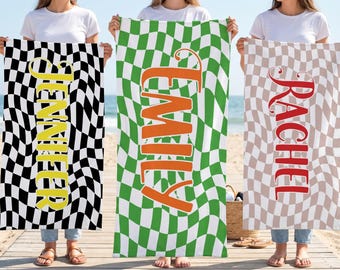 Custom Retro Checkerboard Beach Towel, Personalized Pool Towel Gift