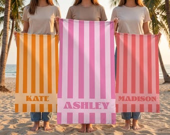 Personalized Groovy Striped Beach Towel: Custom Bachelorette Party Gift