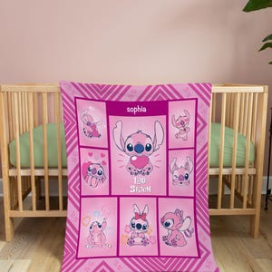May include: Pink baby blanket featuring Stitch from Lilo & Stitch. The blanket has a grid design with various Stitch illustrations and the name "Sophia". The words "Lilo Stitch" are also visible.