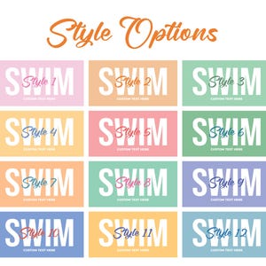 May include: A graphic featuring twelve rectangular designs with the word "SWIM" in large white letters. Each rectangle has a different pastel color background and a "Style" number in a script font.