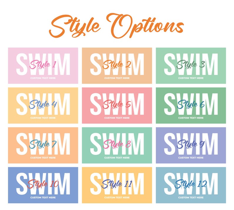 May include: A graphic featuring twelve rectangular designs with the word "SWIM" in large white letters. Each rectangle has a different pastel color background and a "Style" number in a script font.
