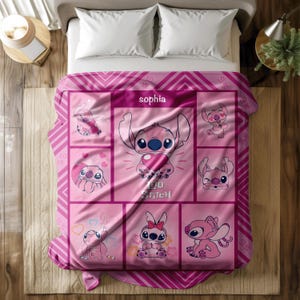 May include: Pink throw blanket featuring the character Stitch from Lilo & Stitch. The blanket has a grid design with various images of Stitch, the name "Sophia", and the words "Love" and "Stitch". The blanket is on a bed with white pillows.