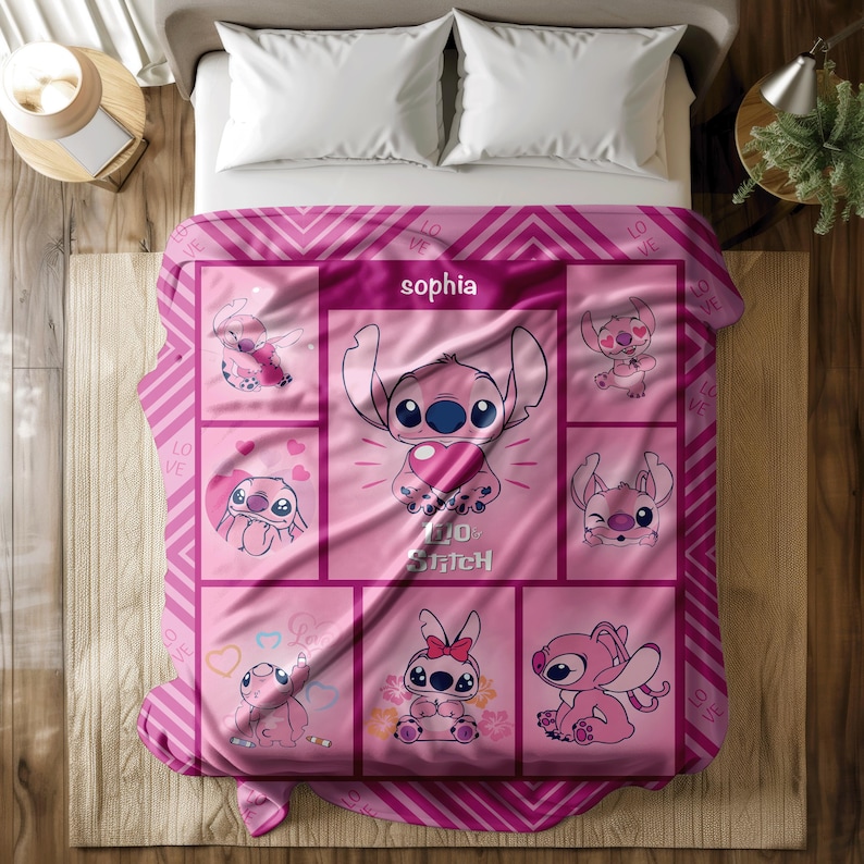 May include: Pink throw blanket featuring the character Stitch from Lilo & Stitch. The blanket has a grid design with various images of Stitch, the name "Sophia", and the words "Love" and "Stitch". The blanket is on a bed with white pillows.