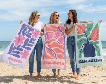 Retro Flowers Personalized Beach Towel, Custom Name Towel for Women, Summer Vacation Gift for Her,Bachelorette Party Towel,Floral Pool Towel