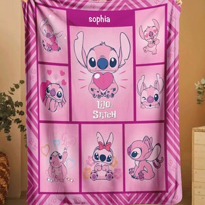 May include: Pink blanket featuring the character Stitch from Lilo & Stitch. The blanket has a grid design with various Stitch illustrations, hearts, and the name "Sophia" at the top. The blanket is trimmed with a darker pink border and the word "Love".