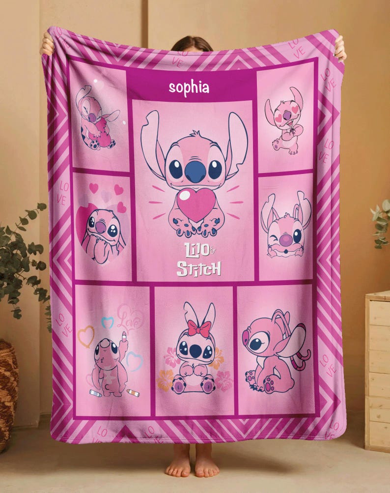 May include: Pink blanket featuring the character Stitch from Lilo & Stitch. The blanket has a grid design with various Stitch illustrations, hearts, and the name "Sophia" at the top. The blanket is trimmed with a darker pink border and the word "Love".