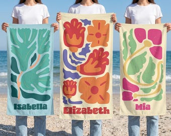 Personalized Floral Beach Towel,Custom Name Towel,Summer Pool Towel, Tropical Flower Towel, Vacation Gift for Her,Boho Aesthetic Beach Towel
