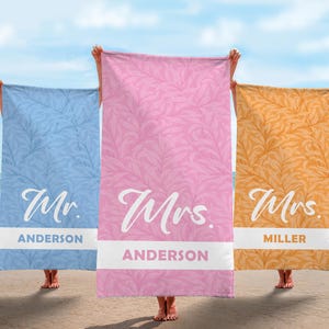 Mr. and Mrs.  Personalized Beach Towels, Bride Beach Towel, Bachelorette  Custom Couple Towel, Newlywed Gift, Wedding Gift, Honeymoon Gift,