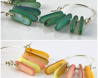 Sterling Silver Hoop Shell Stick Earrings - Pastel or Green Shells Hoop Earrings, Spring -Summer Hoop Earrings; Gift for her; Gifts for Mom