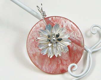 Daisy Shell And Strawberry Quartz Pendant Wire Wrapped in Sterling Silver, Black Lip Shell Daisy Pendant Necklace; Gift For Mom