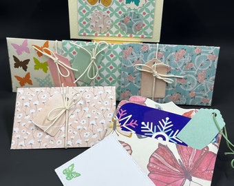 Handmade General Gift Card Holders Set 0f 5 with Envelops, Hang Tags, Notes and Storage Box, Butterflies, Bike, floral Gift Card Holders