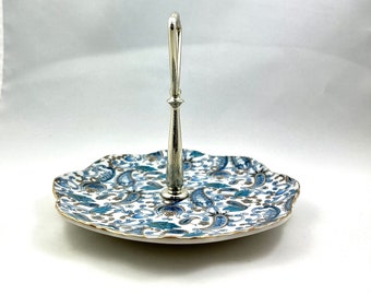 Lefton of Japan blue paisley dish with handle great for serving fudge, cookies, or Candy.  Handpainted dated 1953 - 1971