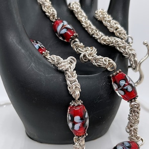 Handcrafted Argentium Silver Byzantine Weave and Lampwork Glass Chainmaille Necklace A Luxurious Anniversary Gift image 1