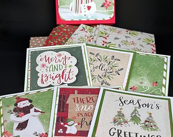 Handmade 9 Holiday Mini Blank Die Cut Cards with Envelops, Seals and Storage Box; Traditional Green Red Merry and Bright Card Set