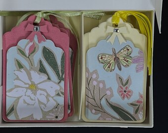 Die Cut Pink and Yellow Gift Tags decorated with floral die paper and Ribbons; 8 All Purpose Rectangular Medium Hang Tags in a decorated Box