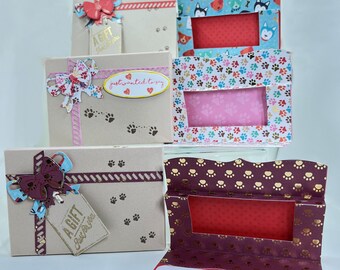 One Popup Handmade Pet Theme Gift Card holder, Cat Pun "Have a Furry Birthday", Dog Pun "Pugs and Kisses" and a thank you note