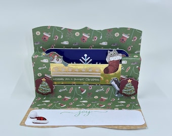 One Popup Handmade Cat Puns Christmas Gift Card or Money Holders with Envelope; "Meowy Christmas"