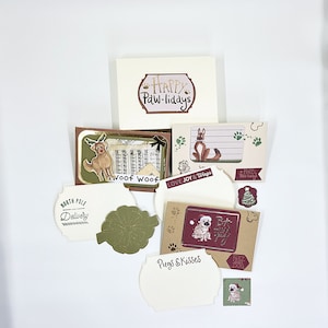 Juego de palabras navideño hecho a mano para perros Tarjeta de regalo o soportes de dinero Set 0f 3 con sobres y sellos - Happy Paw-lidays - Love, Joy & Wags - BA-Hum PUG