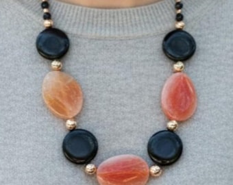 Pink Agate Black Onyx Sterling Silver Statement Necklace, Chunky Luxury Gemstone Jewelry