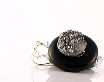 Sterling Silver Wire Wrap Drop Earrings,  Black and Grey Stone and Druzy Earrings; Bling Clubbing Short Dangle Earrings