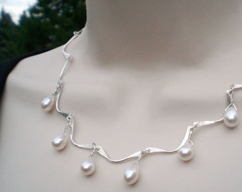 Modern pearl necklace; White Freshwater Pearl Drops with "Hand Forged" Sterling Silver Scallop Chain; Birthday, Anniversary Birthday Gift