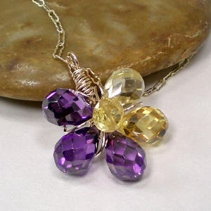 Gold Wire Wrap Pendant, Cubic Zirconia Dainty Flower Pendant, Purple Yellow Flower Workplace Pendant Necklace, Ooak Gift for Mom or Grandma image 1