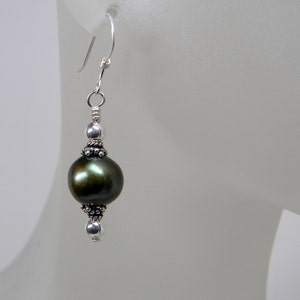 Metallic Green Freshwater Pearl Short Dangle Earrings in Sterling Silver; Large Pearl Earrings; Bridesmaids, Anniversary, and Birthday Gift