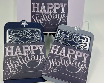 Handmade Christmas Dual Purpose Gift Card holder and Gift Tag - Set 0f 2 - Black and Silver Gift Card Holder and Gift Tag "Happy Holidays"