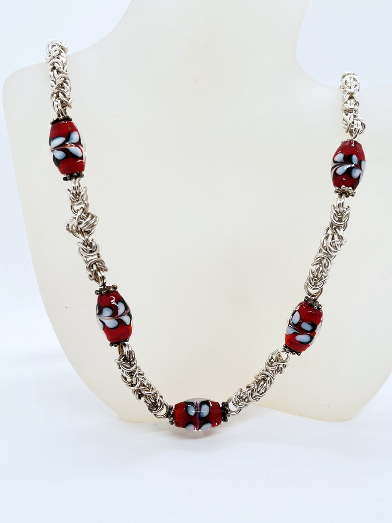 Handcrafted Argentium Silver Byzantine Weave and Lampwork Glass Chainmaille Necklace A Luxurious Anniversary Gift image 9