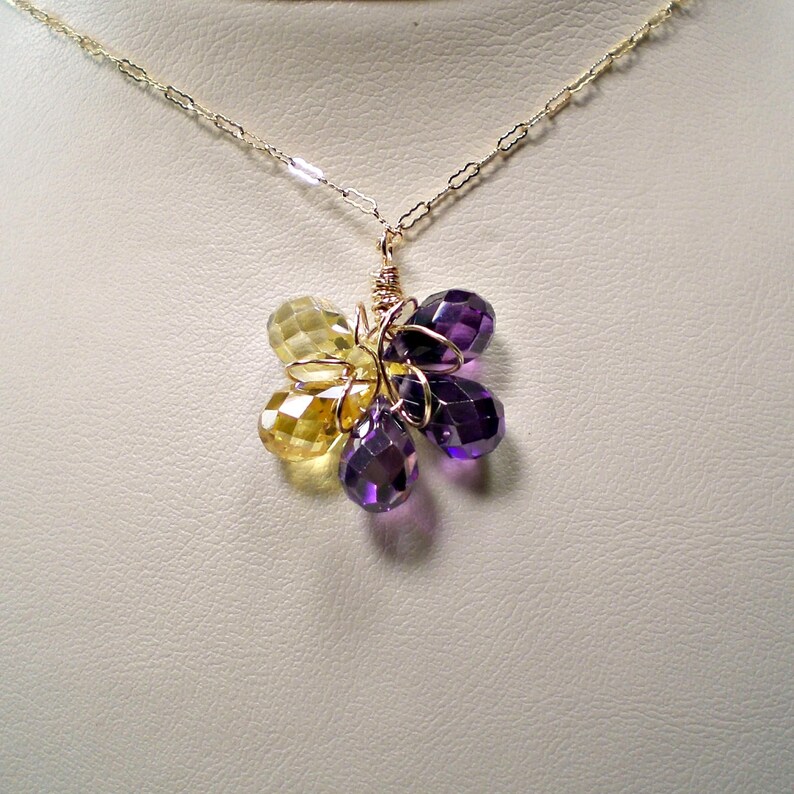Gold Wire Wrap Pendant, Cubic Zirconia Dainty Flower Pendant, Purple Yellow Flower Workplace Pendant Necklace, Ooak Gift for Mom or Grandma image 7