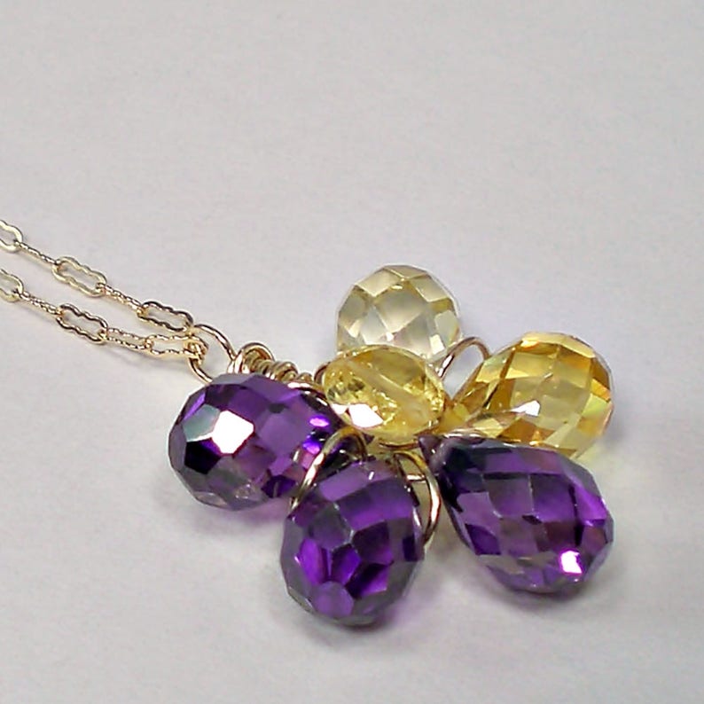 Gold Wire Wrap Pendant, Cubic Zirconia Dainty Flower Pendant, Purple Yellow Flower Workplace Pendant Necklace, Ooak Gift for Mom or Grandma image 5
