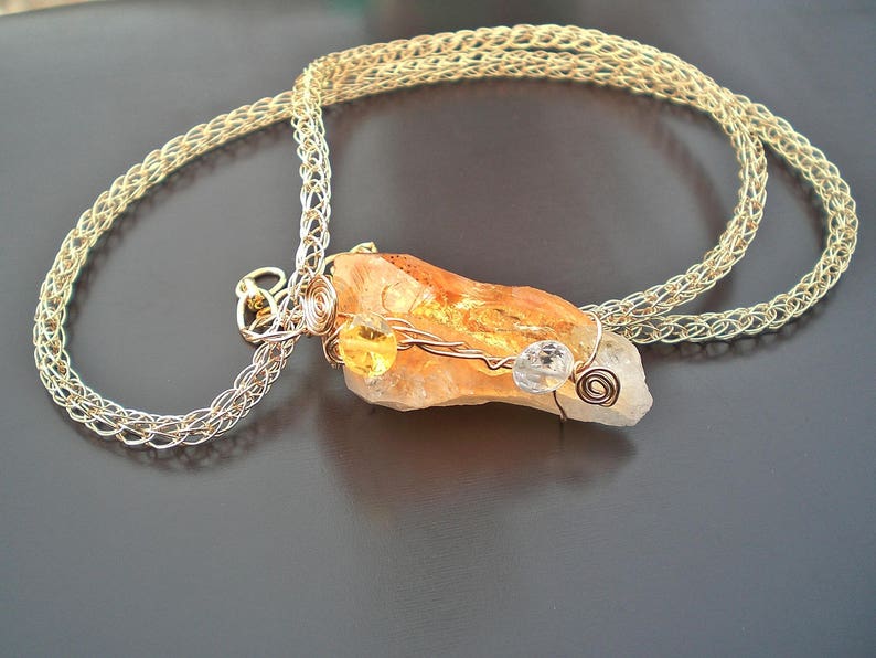 Gold Wire Wrapped Citrine Druzy Zirconia Pendant On Viking Knit Chain Good Luck Jewelry Druzy Pendant Anniversary Birthday Gift For her image 7