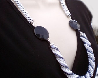 Long Black and White Beaded Crochet Necklace with Obsidian Stone Focal Points, 30 inches long Crochet No-Clasp Necklace