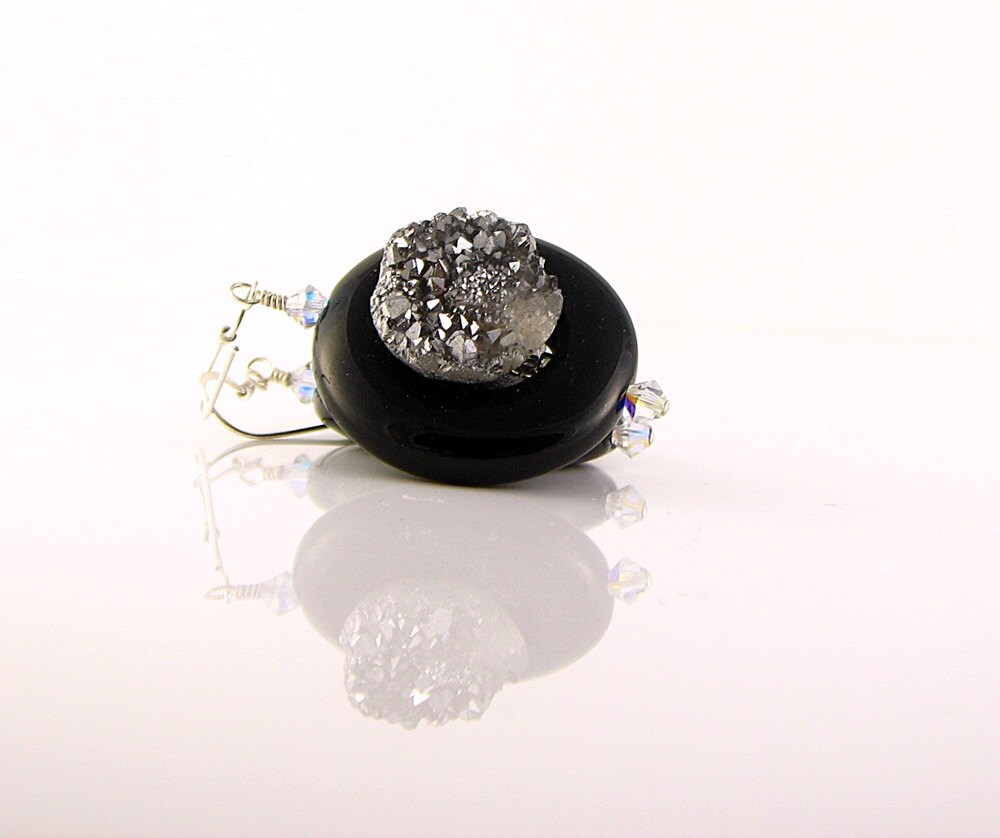 Sterling Silver Wire Wrap Drop Earrings,  Black and Grey Stone and Druzy Earrings; Bling Clubbing Short Dangle Earrings