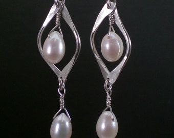 Long Hammered Pearl Drop Earrings; Sterling Silver Earrings; White Pearl Earrings; Anniversary Birthday, or Mother&#39;s Day Gift for Her