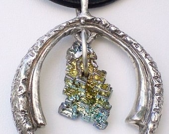 Bismuth Crystal Pendant Necklace, Good Luck Horseshoe Cast in Sterling Silver; OOAK Design for Mom; Anniversary Gift; Workplace Jewelry