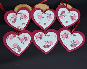 Cherry Red Die Cut  Heart and Square Gift Tags decorated with Red Roses Butterflies and foliage die cuts; 6 All Purpose Hang Tags in a Box